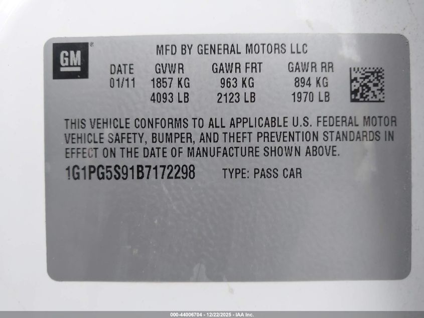 2011 Chevrolet Cruze 2Lt VIN: 1G1PG5S91B7172298 Lot: 44006704