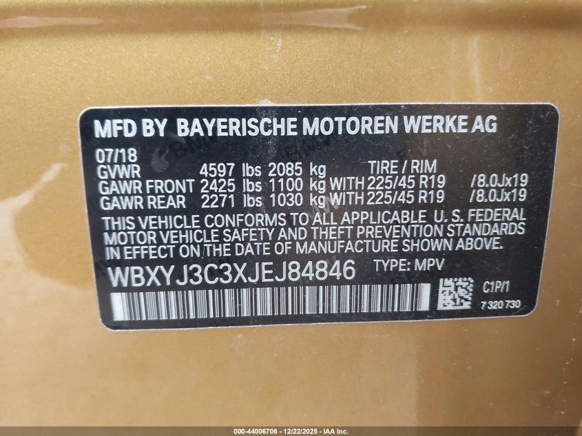 2018 BMW X2 Sdrive28I VIN: WBXYJ3C3XJEJ84846 Lot: 44006706