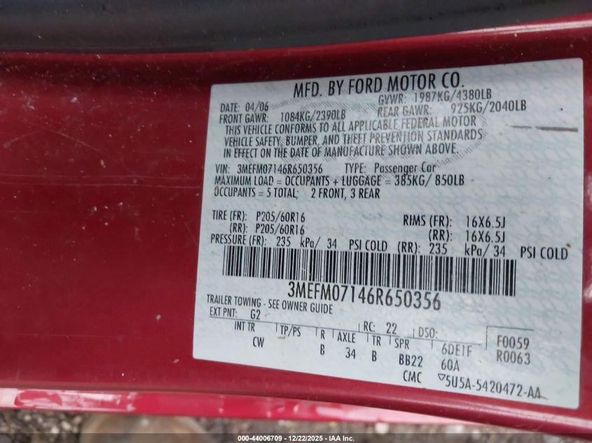 2006 Mercury Milan V6 VIN: 3MEFM07146R650356 Lot: 44006709