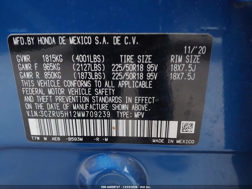VIN 3CZRU5H12MM709239 2021 HONDA HR-V 2WD SPORT