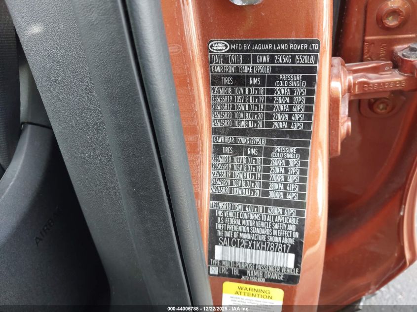 2019 Land Rover Discovery Sport Hse Lux VIN: SALCT2FX1KH787817 Lot: 44006788