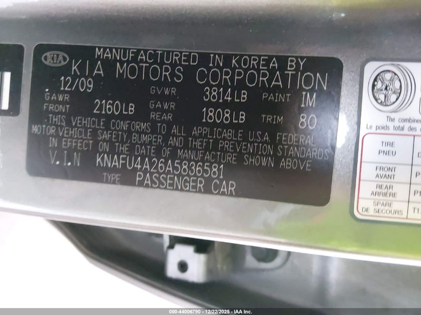 2010 Kia Forte Ex VIN: KNAFU4A26A5836581 Lot: 44006790