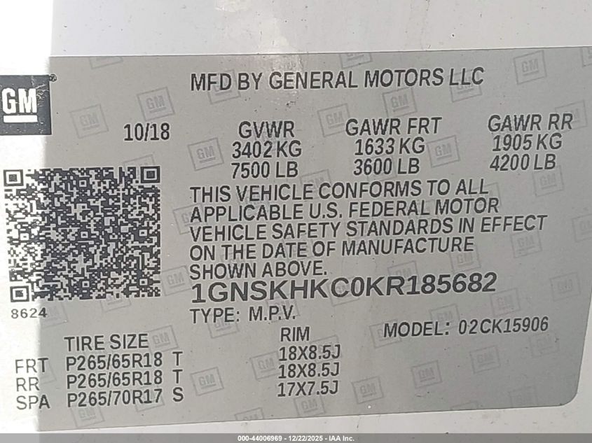 2019 Chevrolet Suburban Lt VIN: 1GNSKHKC0KR185682 Lot: 44006969