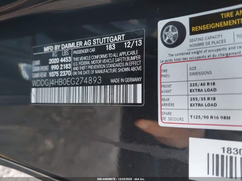 2014 Mercedes-Benz C 250 VIN: WDDGJ4HB0EG274893 Lot: 44006979