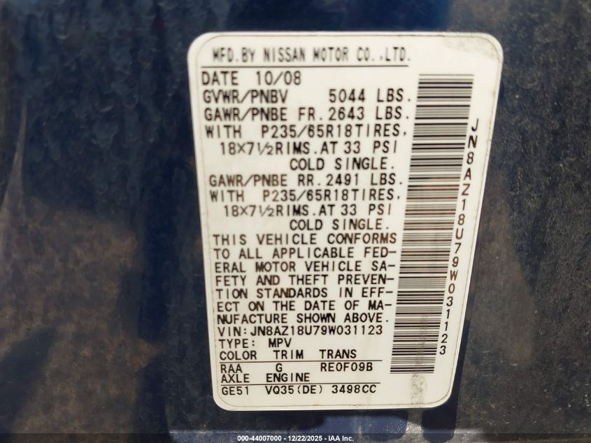 2009 Nissan Murano Sl VIN: JN8AZ18U79W031123 Lot: 44007000