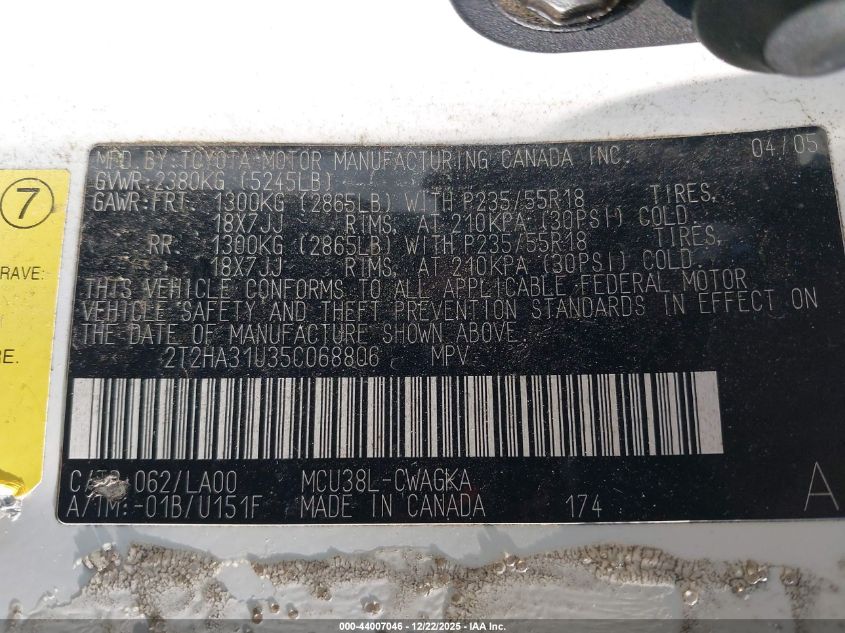 2005 Lexus Rx 330 VIN: 2T2HA31U35C068806 Lot: 44007046