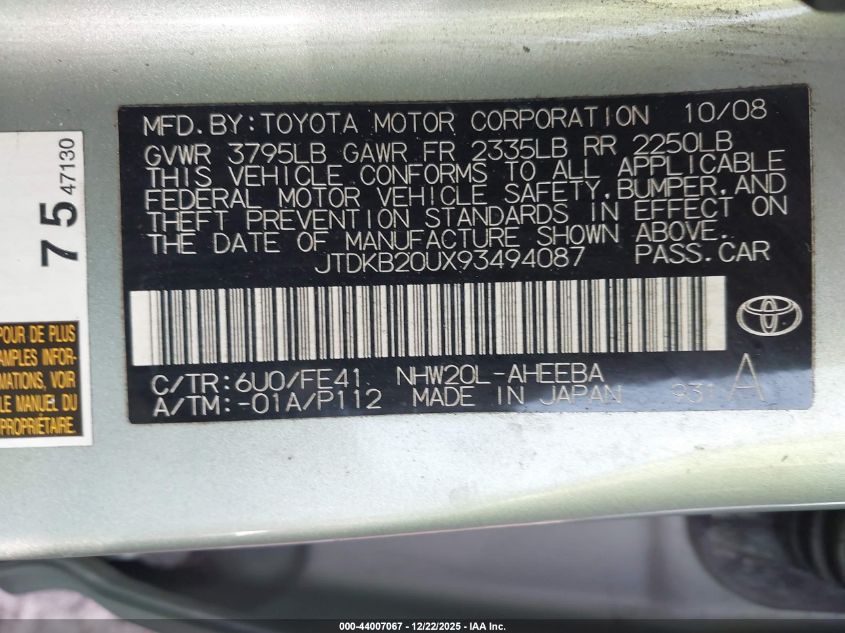 2009 Toyota Prius VIN: JTDKB20UX93494087 Lot: 44007067