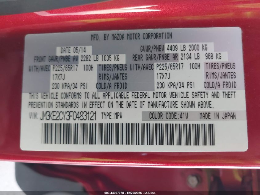 2015 Mazda Cx-5 Touring VIN: JM3KE2CY3F0483121 Lot: 44007078