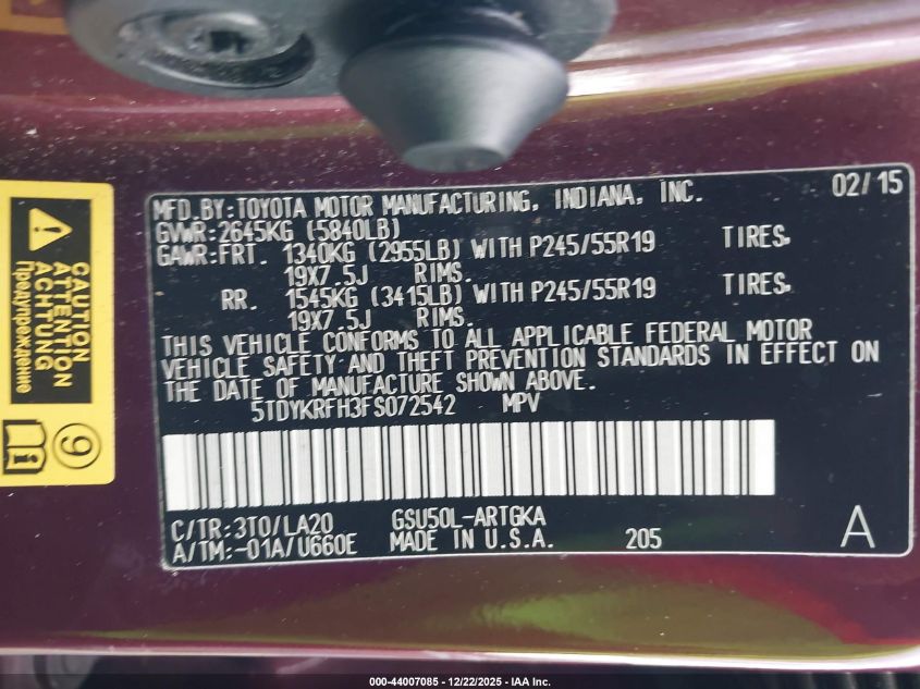 2015 Toyota Highlander Limited Platinum V6 VIN: 5TDYKRFH3FS072542 Lot: 44007085