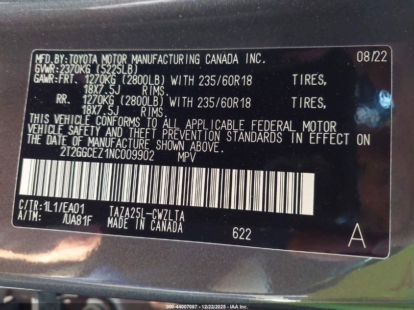 2022 Lexus Nx 350 Premium VIN: 2T2GGCEZ1NC009902 Lot: 44007087