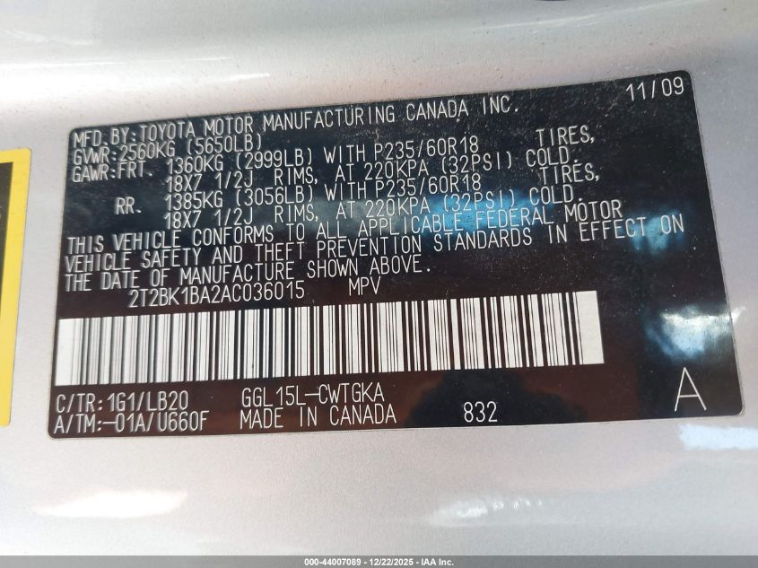 2010 Lexus Rx 350 VIN: 2T2BK1BA2AC036015 Lot: 44007089