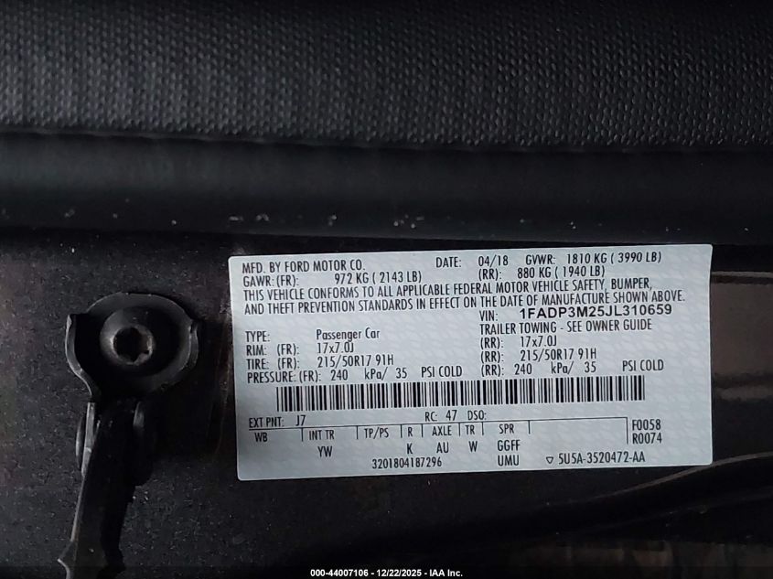 2018 Ford Focus Sel VIN: 1FADP3M25JL310659 Lot: 44007106