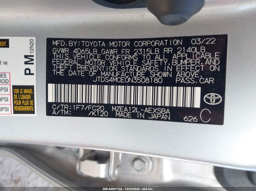 VIN JTDS4MCE0N3508180 2022 TOYOTA COROLLA SE