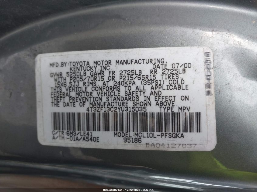 2000 Toyota Sienna Xle VIN: 4T3ZF13C2YU315035 Lot: 44007141