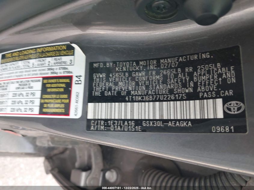 2007 Toyota Avalon Xls VIN: 4T1BK36B77U226175 Lot: 44007181