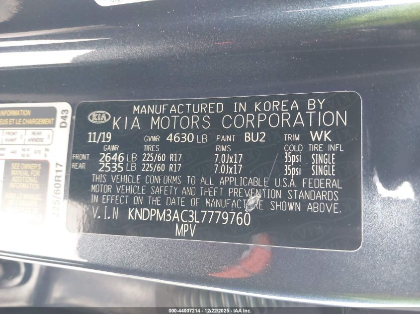 2020 Kia Sportage Lx VIN: KNDPM3AC3L7779760 Lot: 44007214