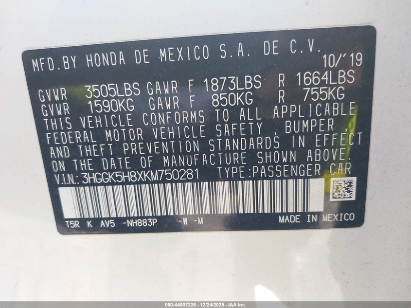 2019 Honda Fit Ex VIN: 3HGGK5H8XKM750281 Lot: 44007226