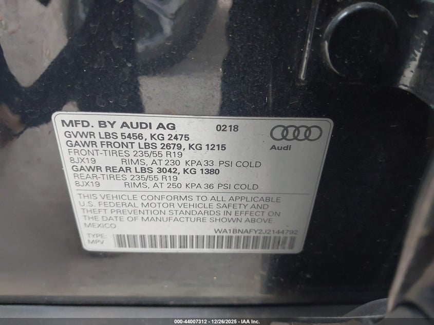 2018 Audi Q5 2.0T Premium/2.0T Tech Premium VIN: WA1BNAFY2J2144792 Lot: 44007312