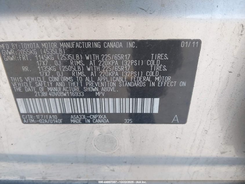 2011 Toyota Rav4 VIN: 2T3BF4DV0BW116933 Lot: 44007357