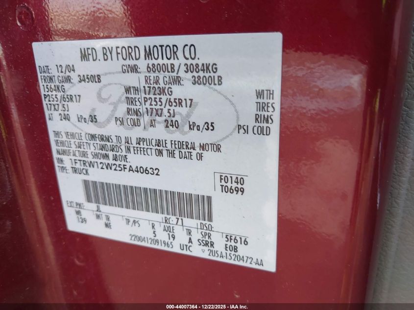 2005 Ford F-150 Xlt VIN: 1FTRW12W25FA40632 Lot: 44007364