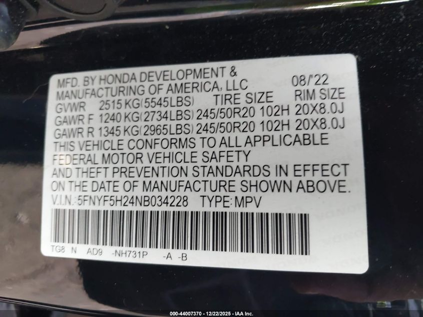 2022 Honda Pilot 2Wd Special Edition VIN: 5FNYF5H24NB034228 Lot: 44007370