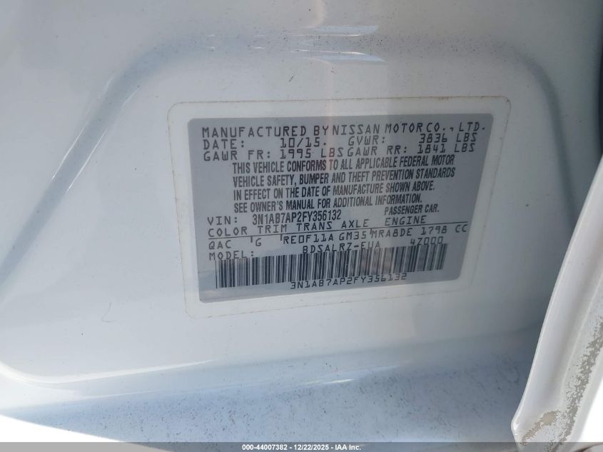 2015 Nissan Sentra Sr VIN: 3N1AB7AP2FY356132 Lot: 44007382