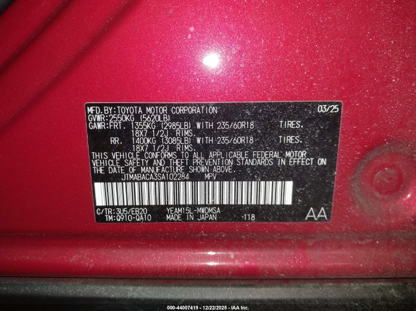 2025 Toyota Bz4X Xle VIN: JTMABACA3SA102284 Lot: 44007419