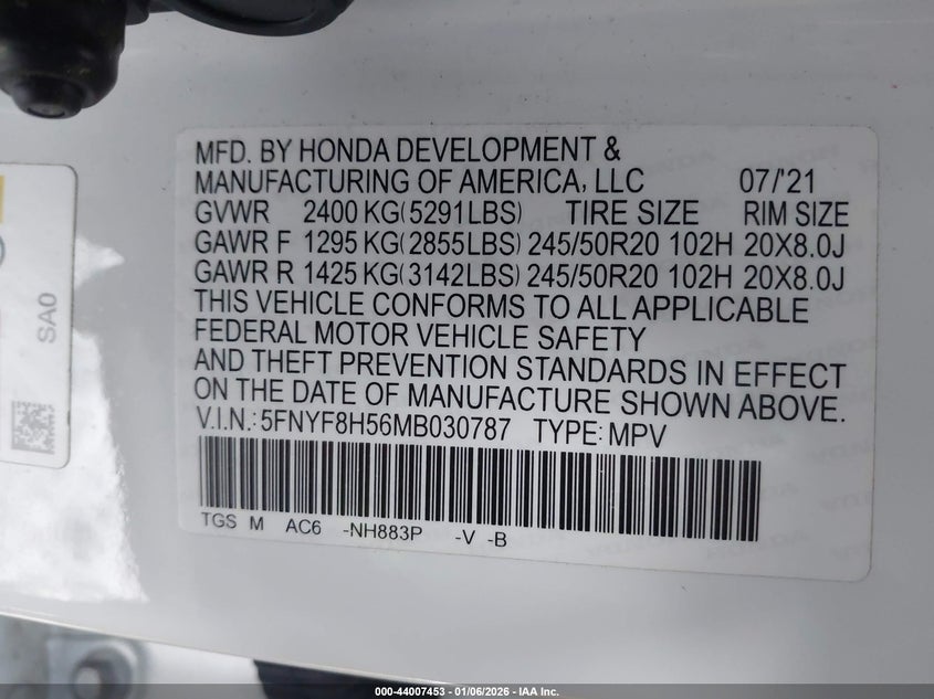 2021 Honda Passport Awd Ex-L VIN: 5FNYF8H56MB030787 Lot: 44007453