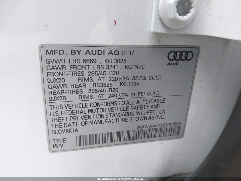 2018 Audi Q7 3.0T Premium VIN: WA1VAAF71JD021585 Lot: 44007454