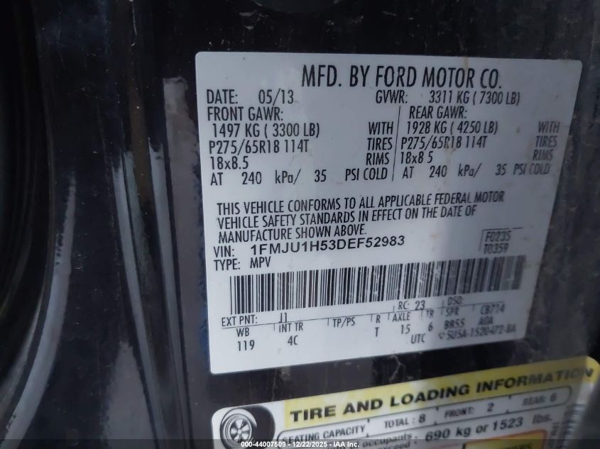 2013 Ford Expedition Xlt VIN: 1FMJU1H53DEF52983 Lot: 44007509