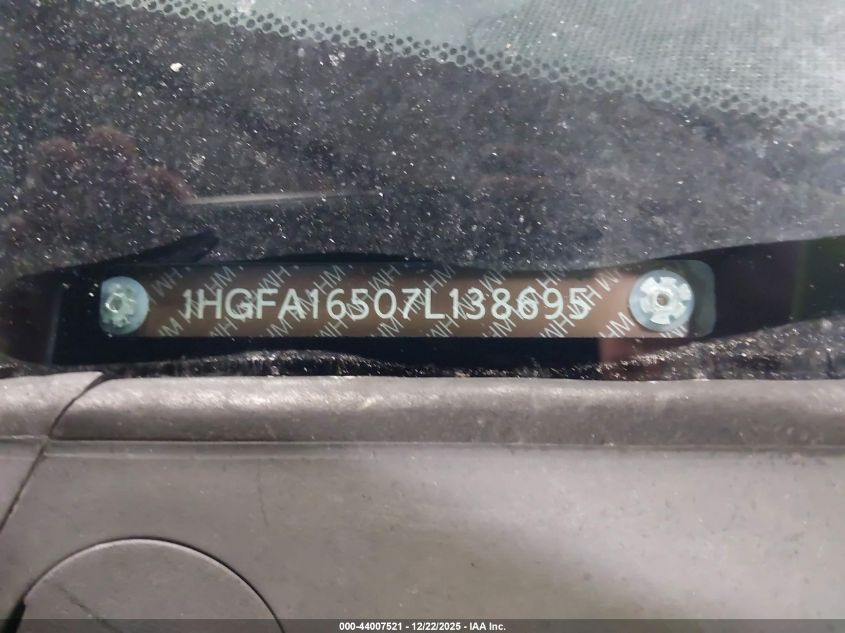 2007 Honda Civic Lx VIN: 1HGFA16507L138695 Lot: 44007521