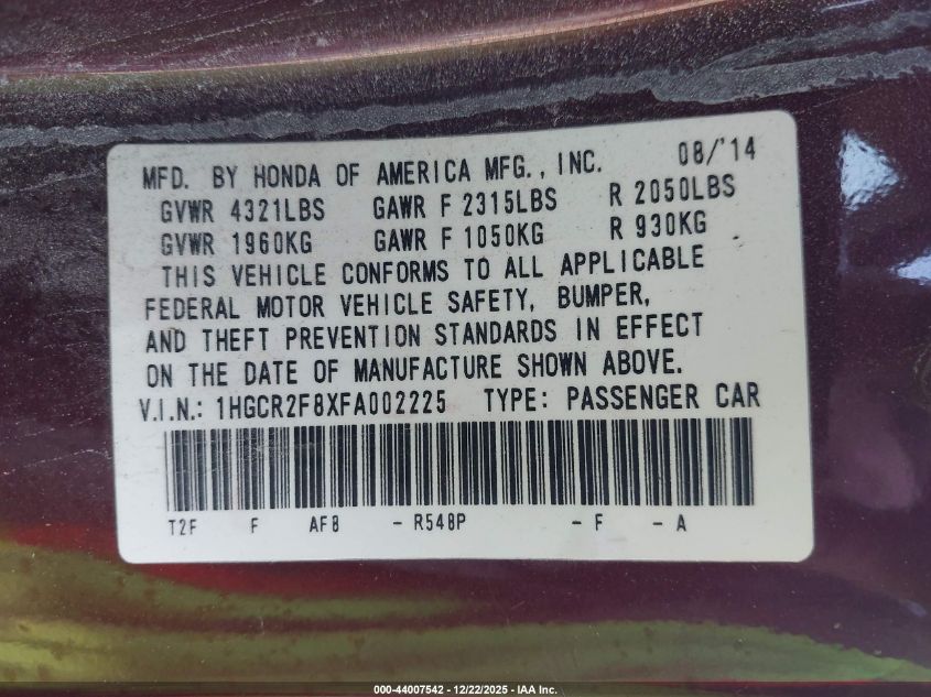 2015 Honda Accord Ex-L VIN: 1HGCR2F8XFA002225 Lot: 44007542