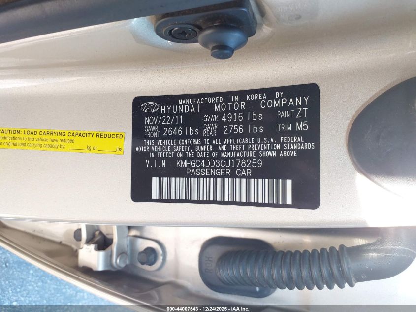 2012 Hyundai Genesis 3.8 VIN: KMHGC4DD3CU178259 Lot: 44007543