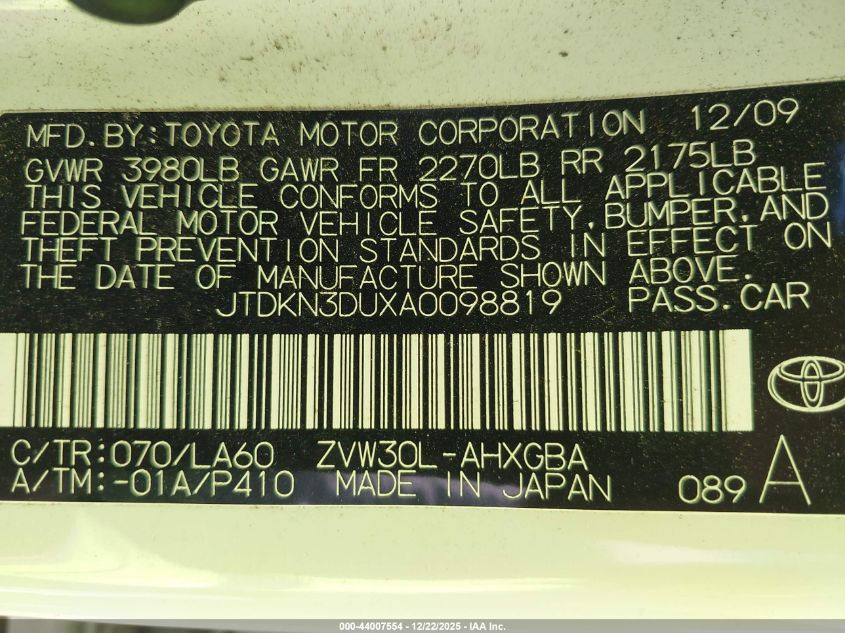2010 Toyota Prius Iv VIN: JTDKN3DUXA0098819 Lot: 44007554