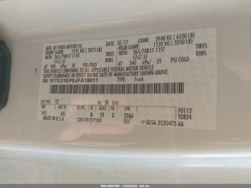 2018 Ford F-150 Xlt VIN: 1FTEX1EP0JFA18011 Lot: 44007556