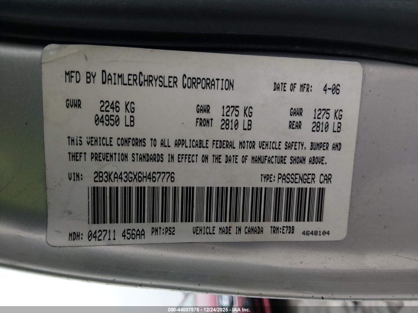 2006 Dodge Charger VIN: 2B3KA43GX6H467776 Lot: 44007576