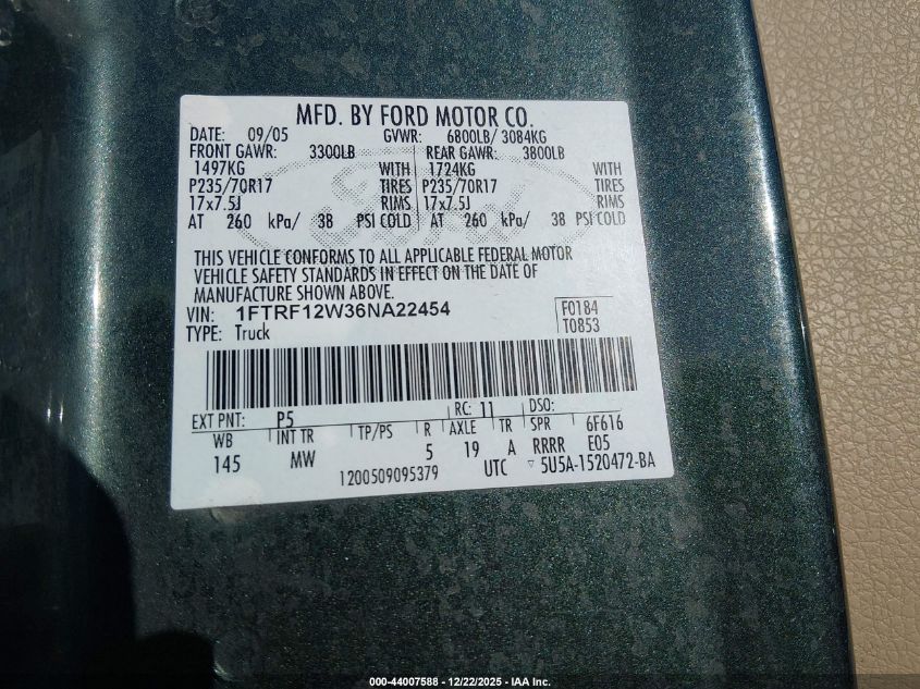 2006 Ford F-150 Stx/Xl/Xlt VIN: 1FTRF12W36NA22454 Lot: 44007588