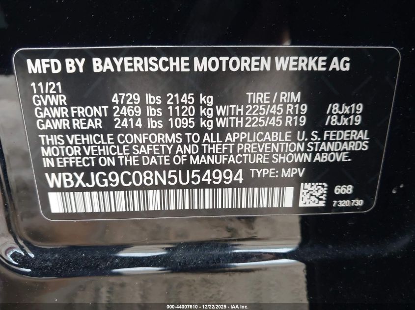 2022 BMW X1 xDrive28I VIN: WBXJG9C08N5U54994 Lot: 44007610