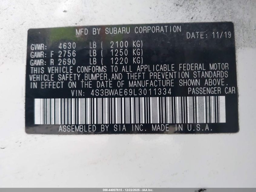 2020 Subaru Legacy Premium VIN: 4S3BWAE69L3011334 Lot: 44007615