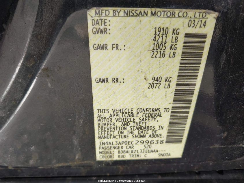 2014 Nissan Altima 2.5 S VIN: 1N4AL3AP0EC299638 Lot: 44007617