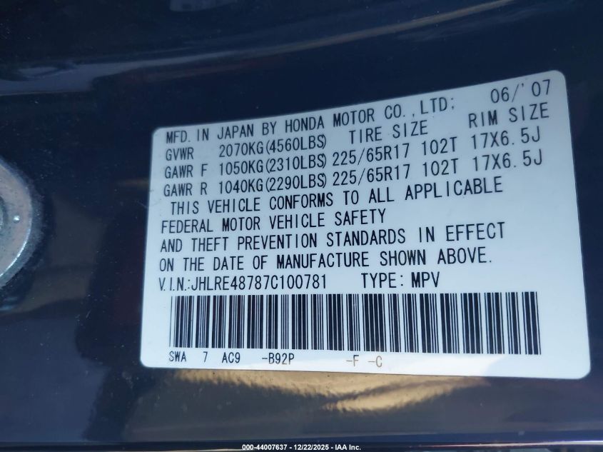 2007 Honda Cr-V Ex-L VIN: JHLRE48787C100781 Lot: 44007637