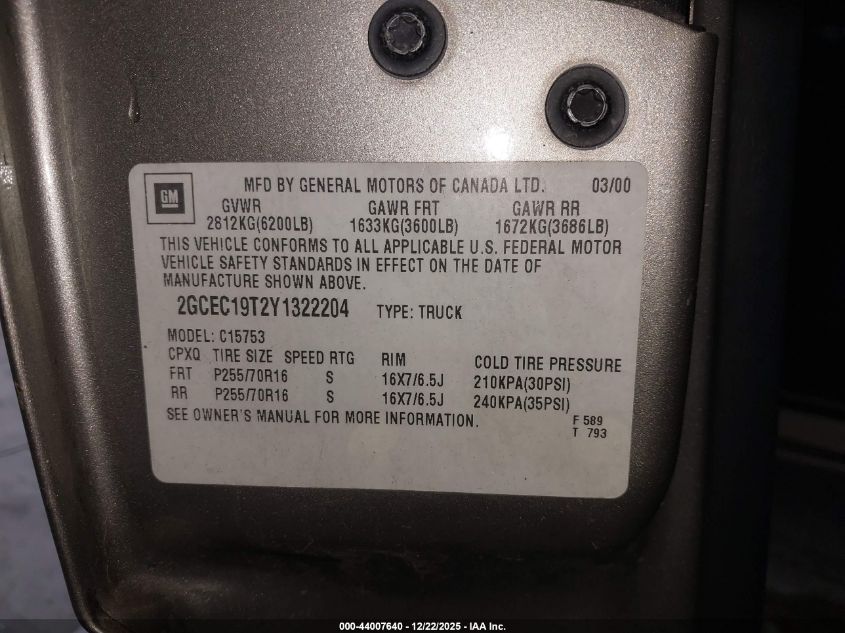 2000 Chevrolet Silverado 1500 Lt VIN: 2GCEC19T2Y1322204 Lot: 44007640