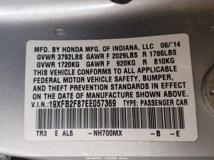 2014 Honda Civic Ex VIN: 19XFB2F87EE057369 Lot: 44007641