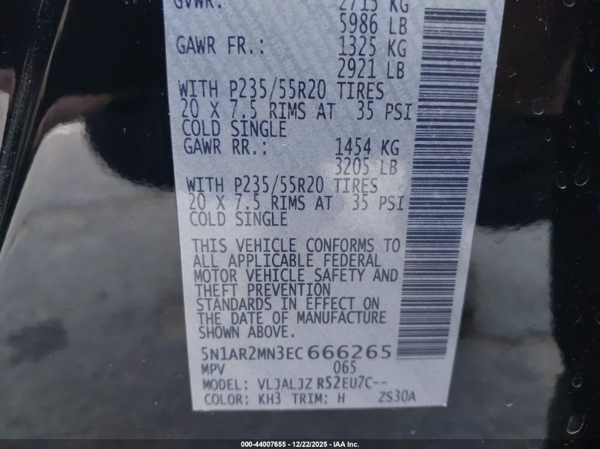 2014 Nissan Pathfinder Platinum VIN: 5N1AR2MN3EC666265 Lot: 44007655