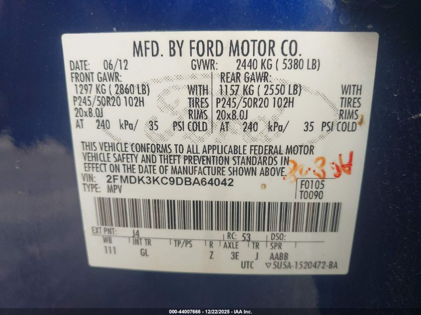 2013 Ford Edge Limited VIN: 2FMDK3KC9DBA64042 Lot: 44007666