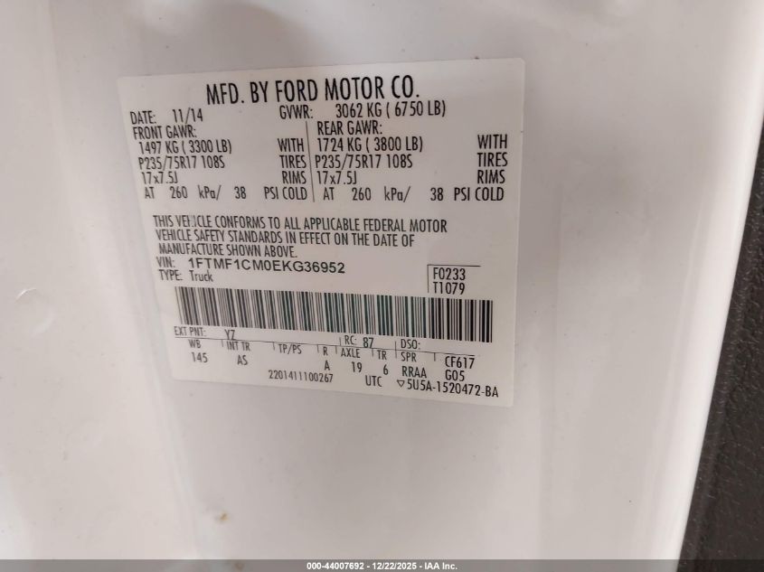 2014 Ford F-150 Xl VIN: 1FTMF1CM0EKG36952 Lot: 44007692