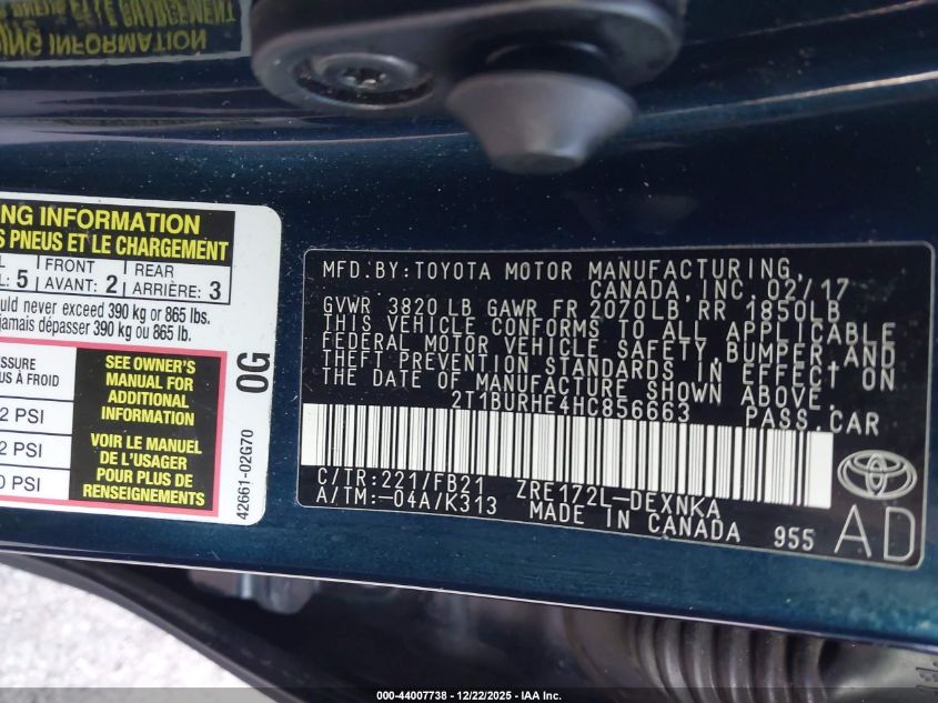 2017 Toyota Corolla Le VIN: 2T1BURHE4HC856663 Lot: 44007738