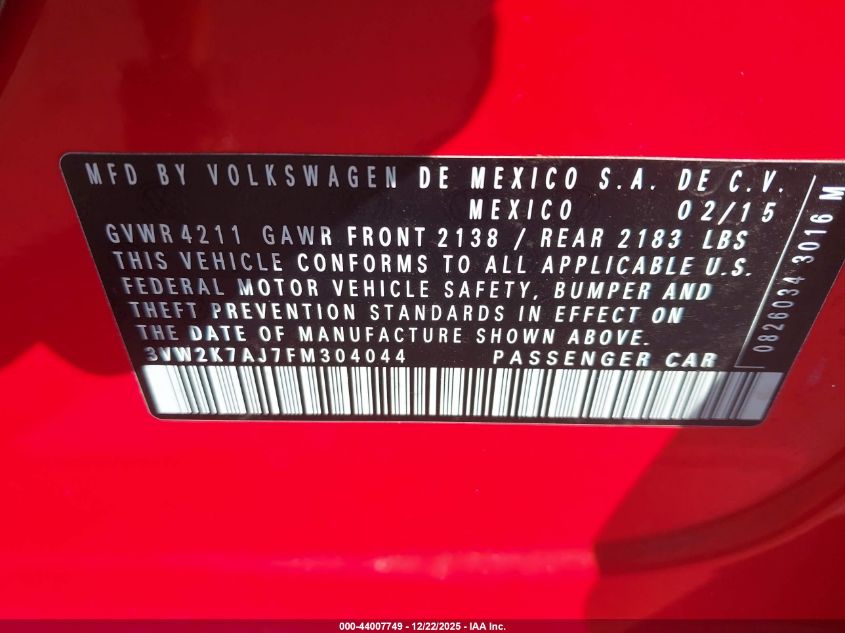 2015 Volkswagen Jetta 2.0L S VIN: 3VW2K7AJ7FM304044 Lot: 44007749