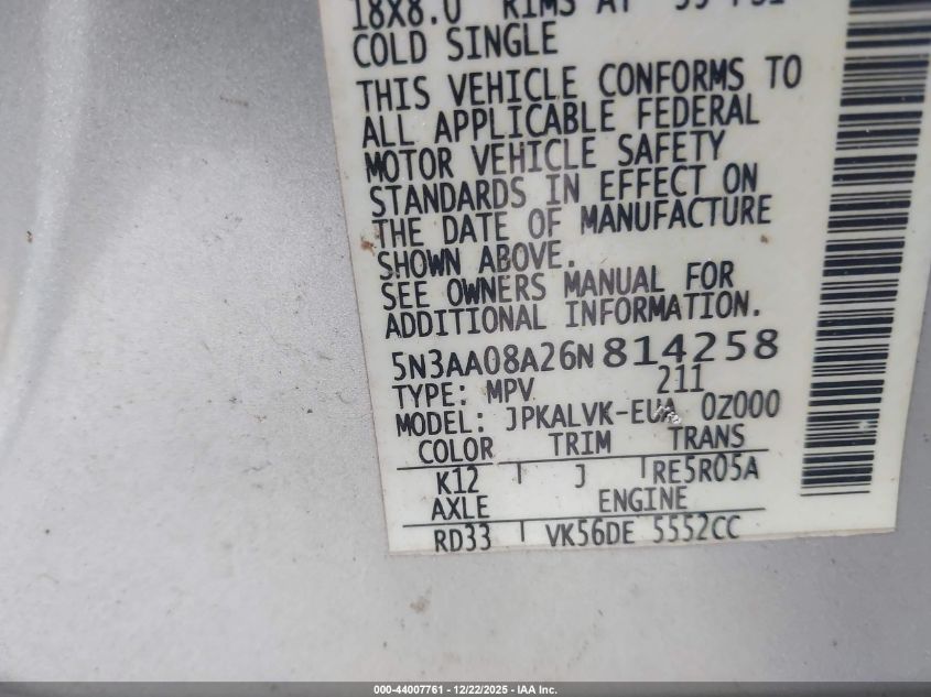 2006 Infiniti Qx56 VIN: 5N3AA08A26N814258 Lot: 44007761