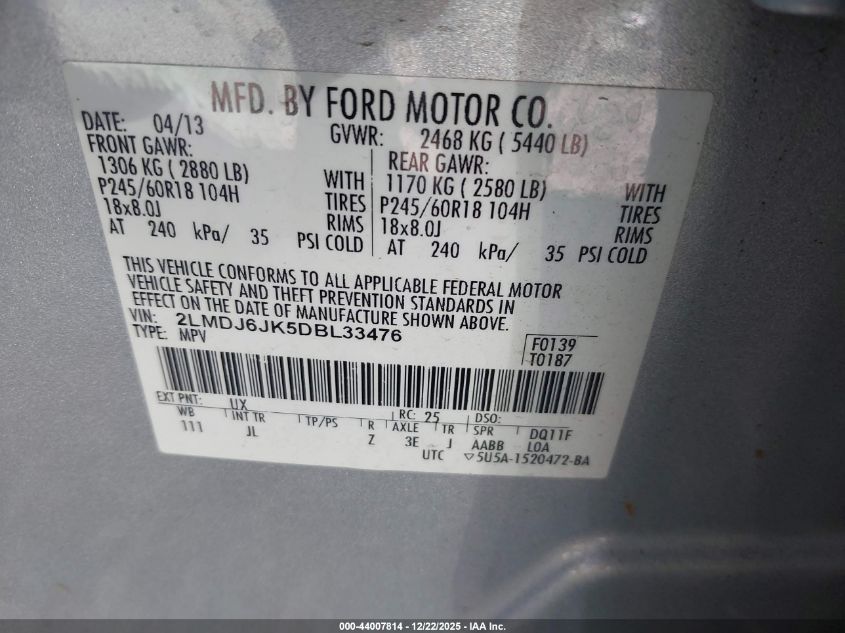 2013 Lincoln Mkx VIN: 2LMDJ6JK5DBL33476 Lot: 44007814